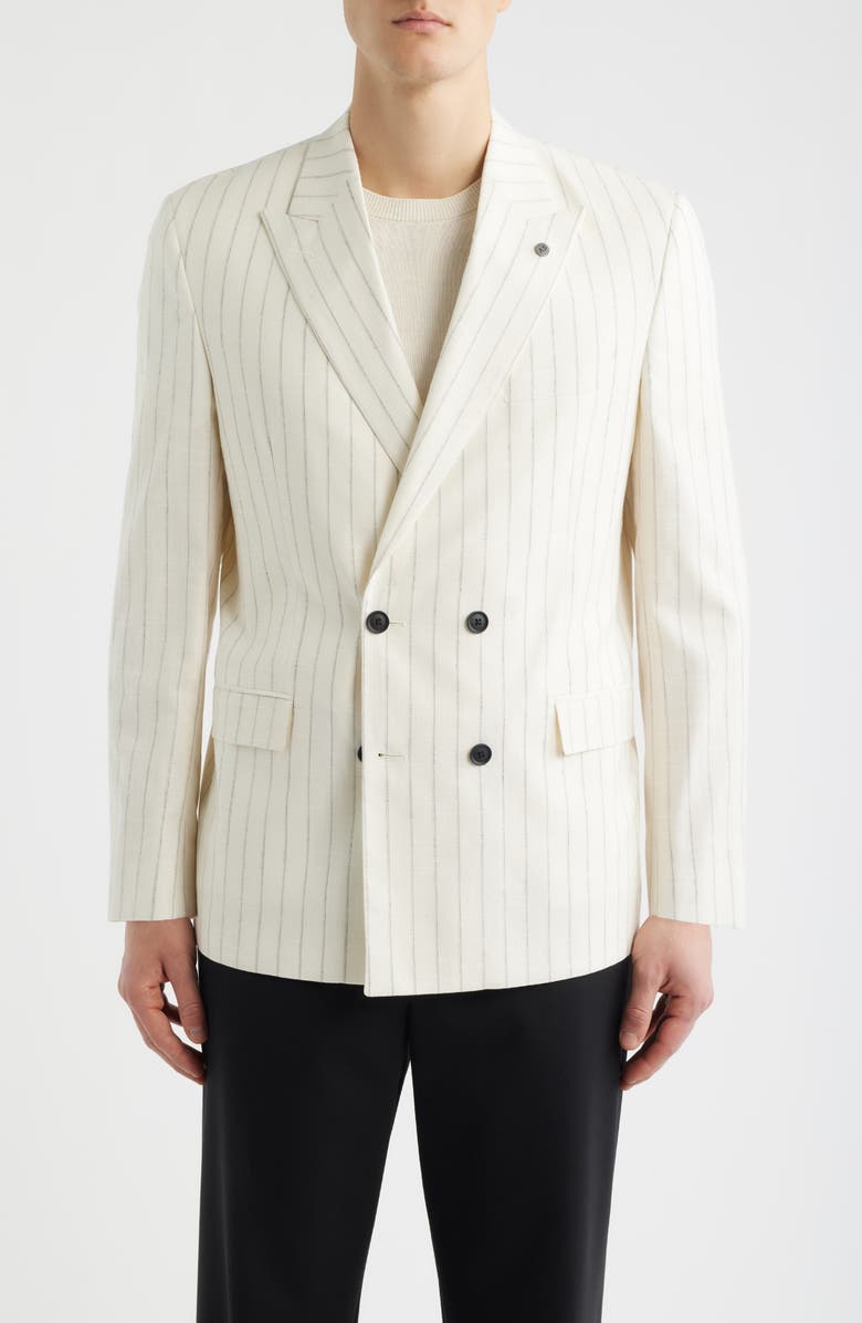 AllSaints Ridley Slim Fit Pinstripe Double Breasted Sport Coat, Main, color, Ecru