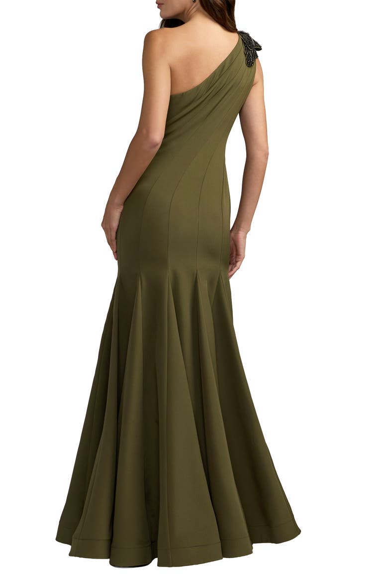 Petite Crepe One Shoulder Flower Detail Gown, Alternate, color, Olive