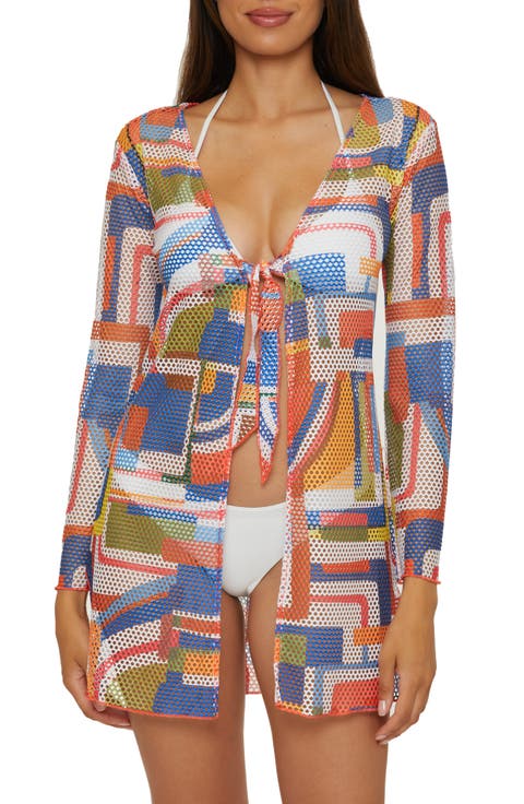 Tie Front Long Sleeve Sheer Mesh Cover-Up