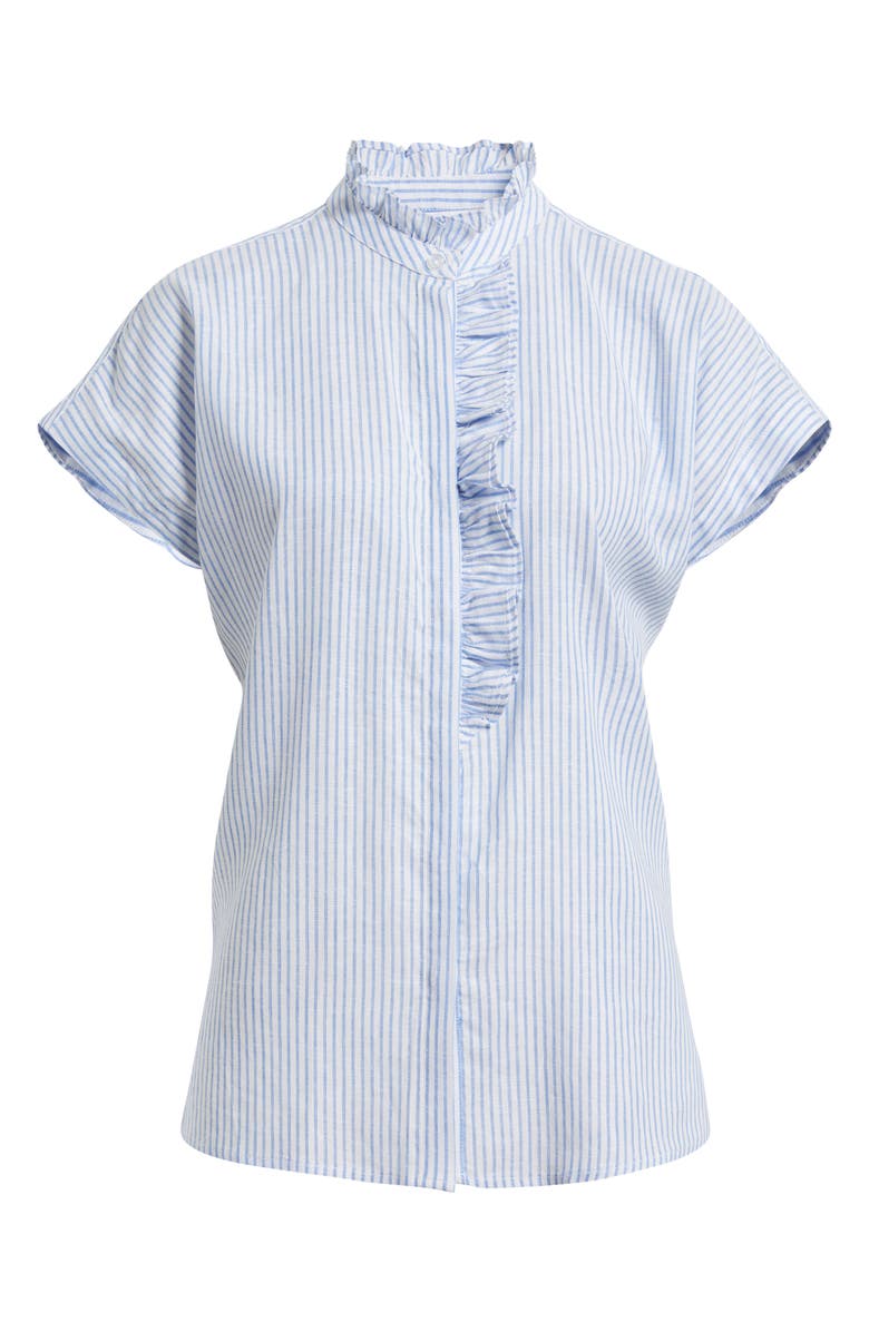 Anne Klein Pinstripe Ruffle Trim Linen Blend Button-Up Top, Alternate, color, Lagoon/ Crisp White