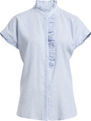 Anne Klein Pinstripe Ruffle Trim Linen Blend Button-Up Top
