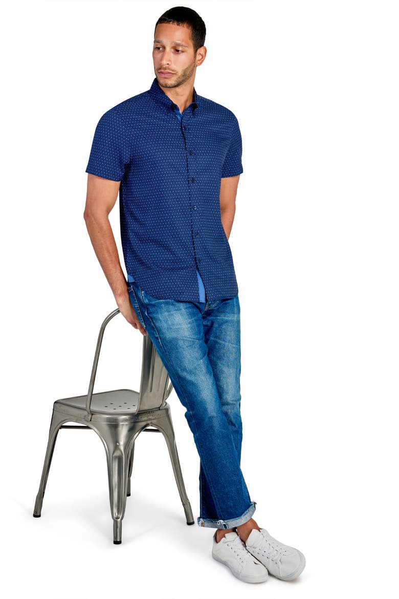 Slim Fit Microdot Short Sleeve 4-Way Stretch Performance Button-Down Shirt, Alternate, color, NAVY