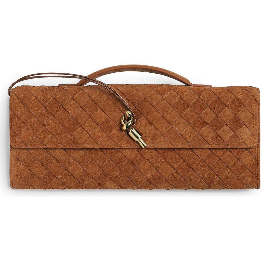 Bottega Veneta Long Andiamo Intrecciato Suede Clutch In Brown