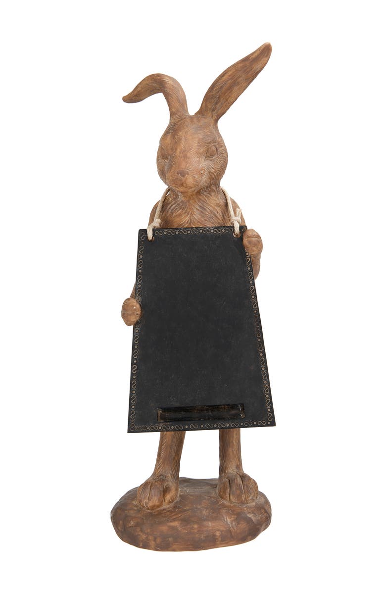 Storied Home Rabbit Figurine Holding Working Chalkboard, Main, color, Brown
