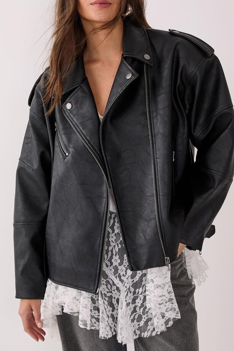Faux Leather Biker Jacket, Alternate, color, Black