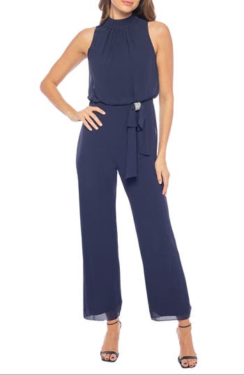 Halter Neckline Sleeveless Chiffon Pleated Jumpsuit Dusty Blue Plus Size