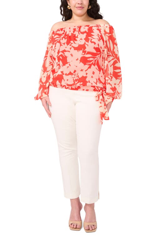 Shop Vince Camuto Floral Off The Shoulder Tie Hem Top In Cayenne
