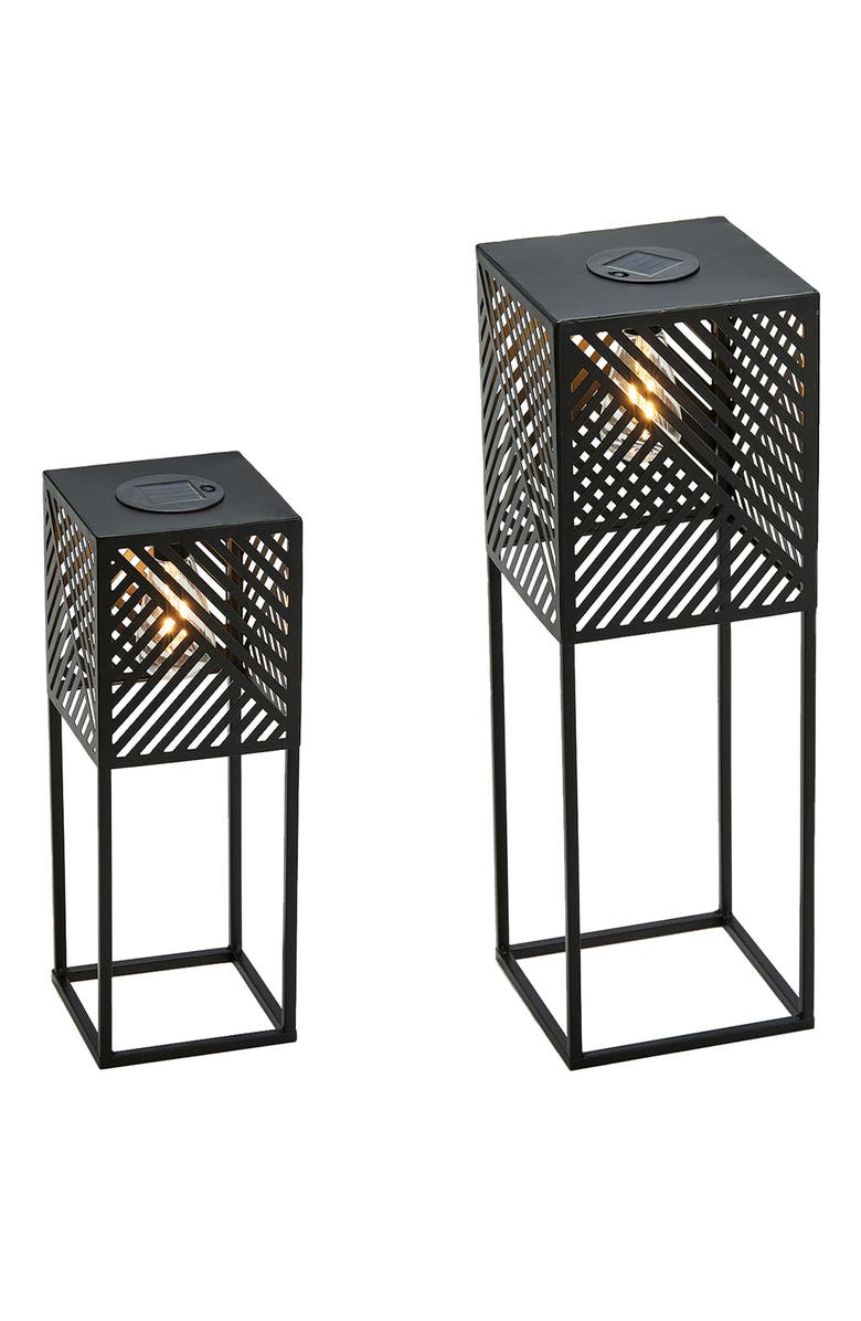 Glitzhome Set of 2 Metal Geometric Floor Solar Powered Outdoor Lanterns, Alternate, color, Black