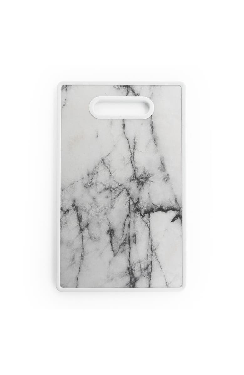 Gibson Home Beaumont 3 Piece Stainless Steel Santoku Knife Set with Cutting Board Marble, Alternate, color, White