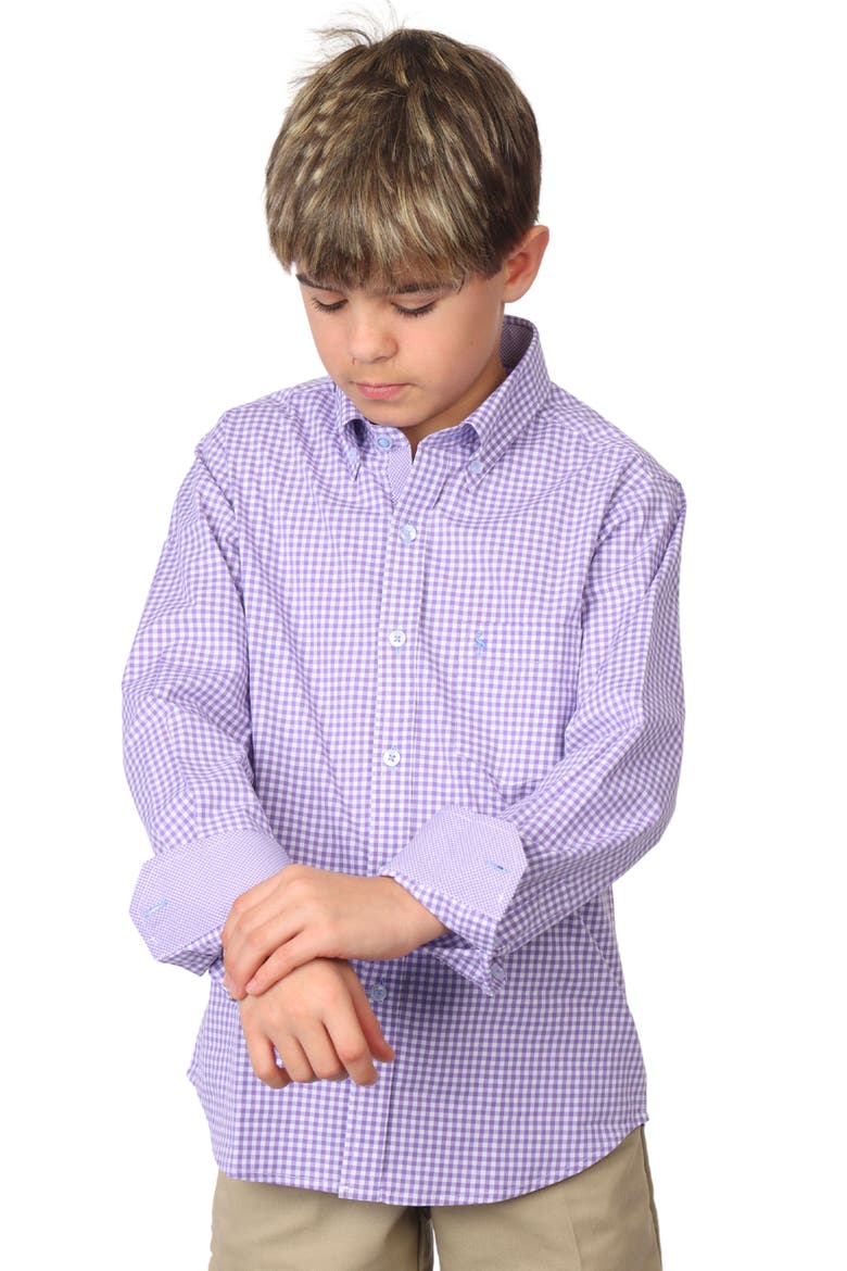 Kids' Micro Gingham Stretch Cotton Button-Up Shirt, Alternate, color, PURPLE