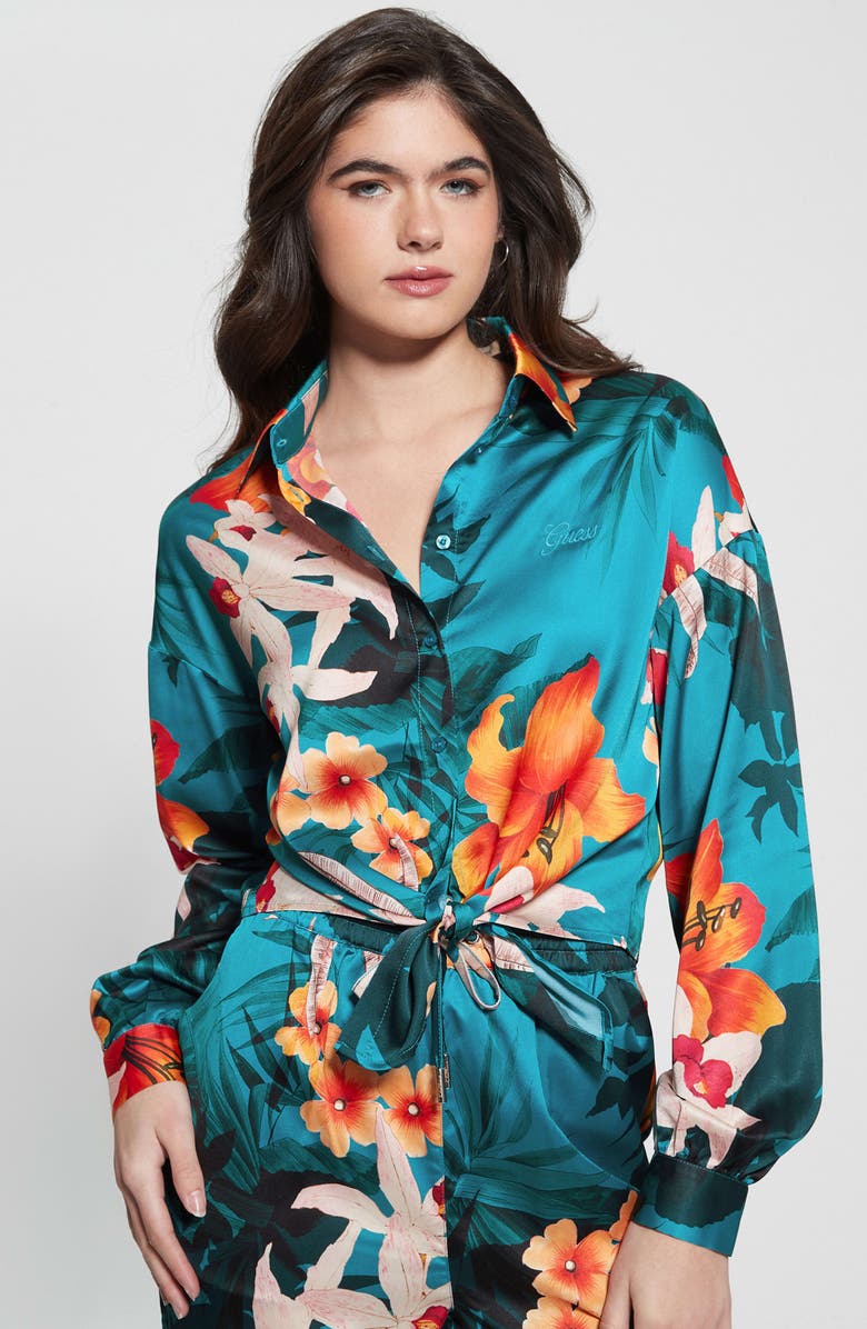 GUESS Jun Satin Tie Hem Button-Up Shirt, Alternate, color, Hawaian Sunset Print