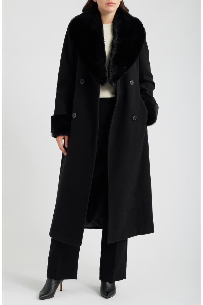 Faux Fur Trim Belted Coat, Alternate, color, BLACK