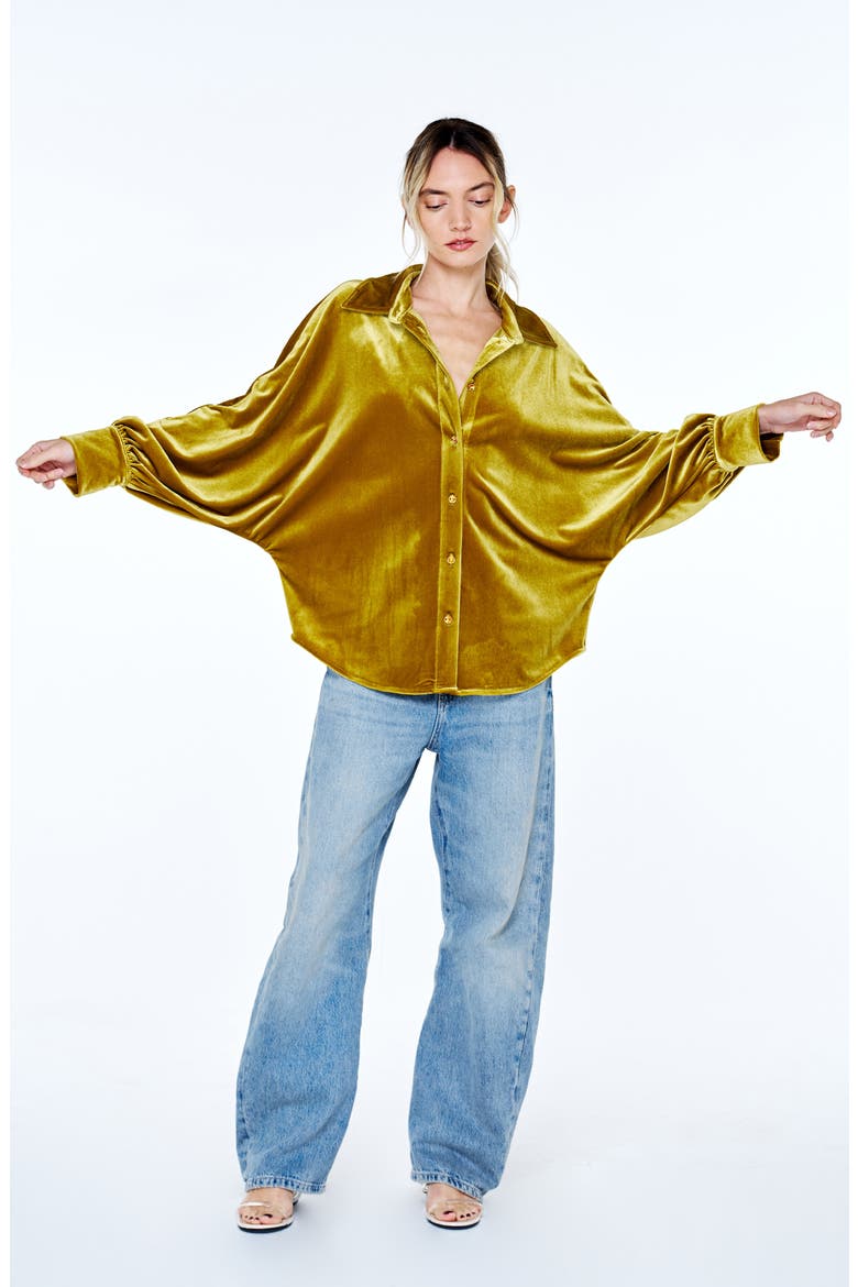 Amira Oversized Stretch Velvet Shirt, Alternate, color, CELERY