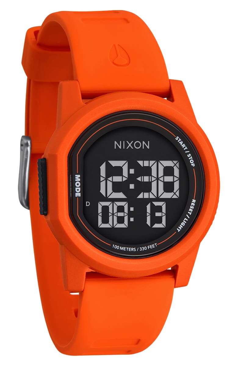 Nixon Disk Chronograph Rubber Strap Watch, 39mm, Alternate, color, Orange / Orange / Negative
