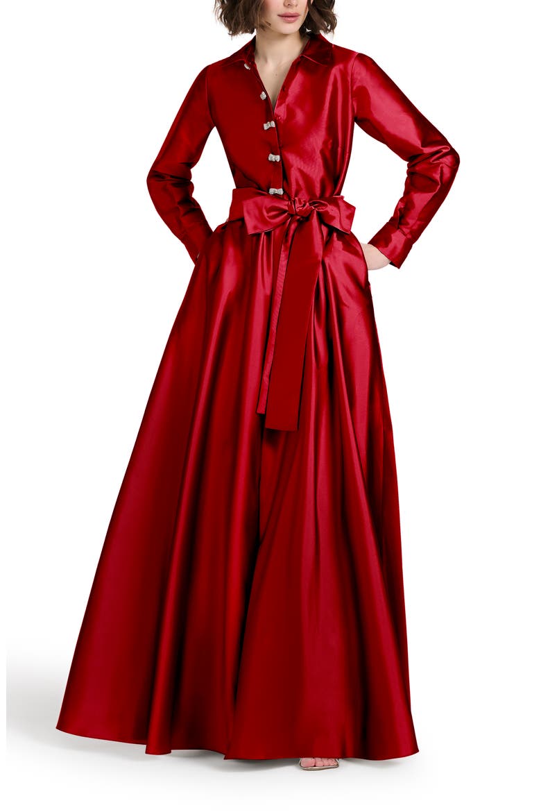 Crystal Bow Button Long Sleeve Taffeta A-Line Gown, Alternate, color, RED