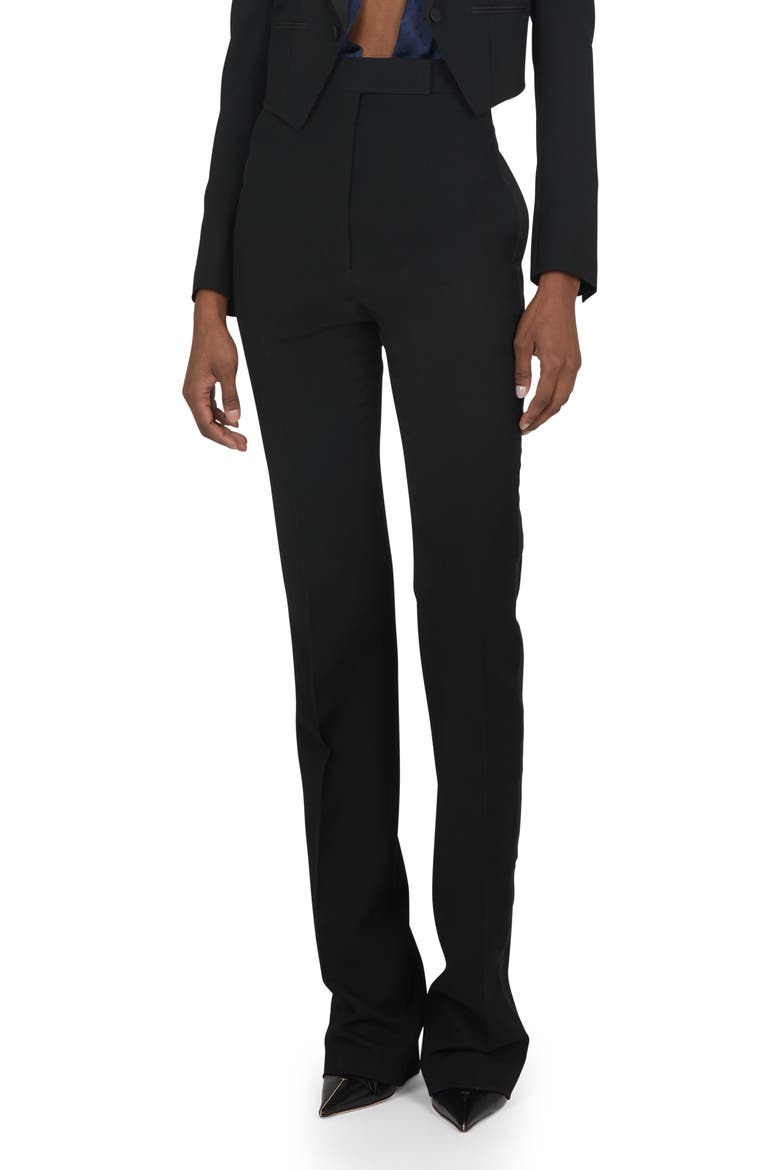 Pinstripe Wool Grain de Poudre Trousers, Main, color, BLACK