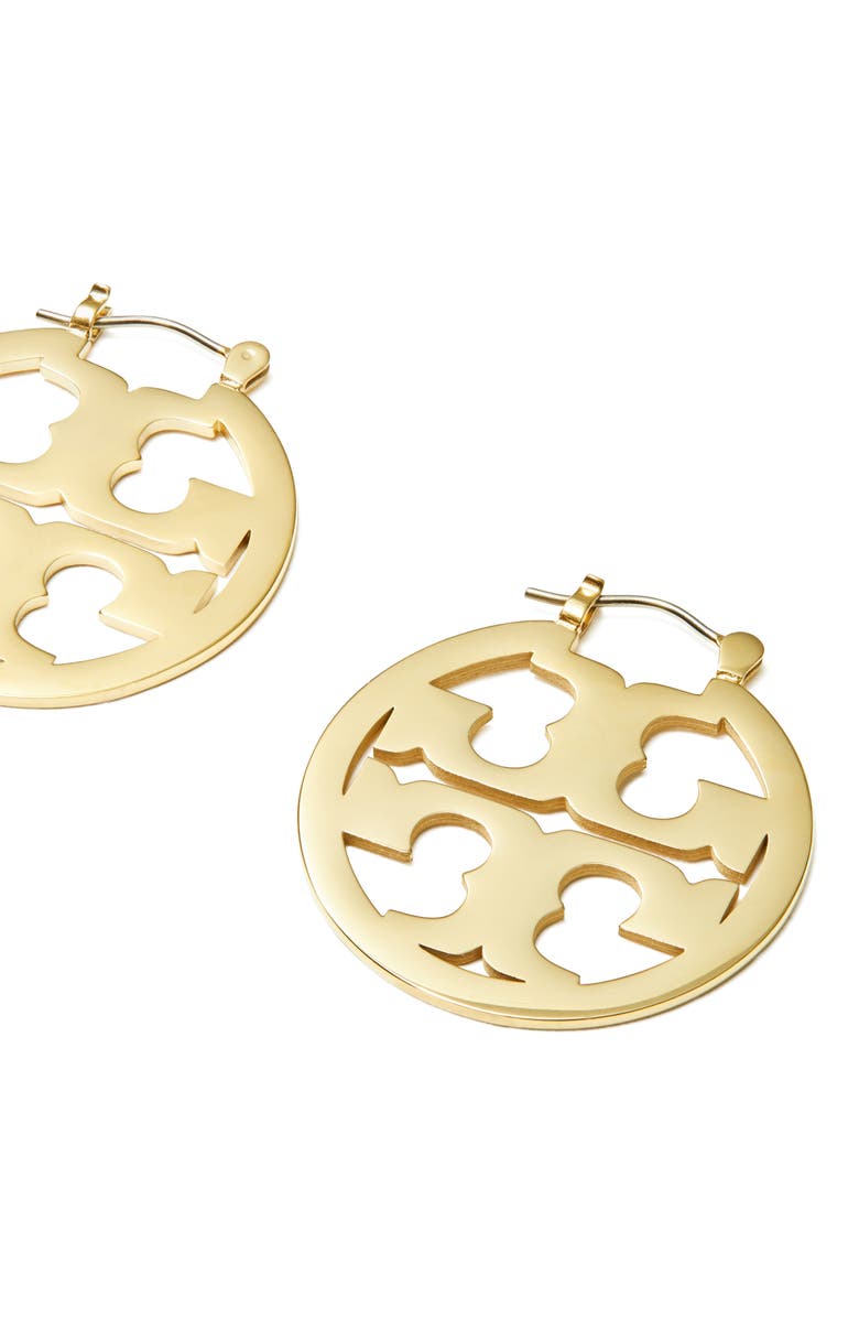 Tory Burch Small Icon Hoop Earrings, Alternate, color, Tory Gold