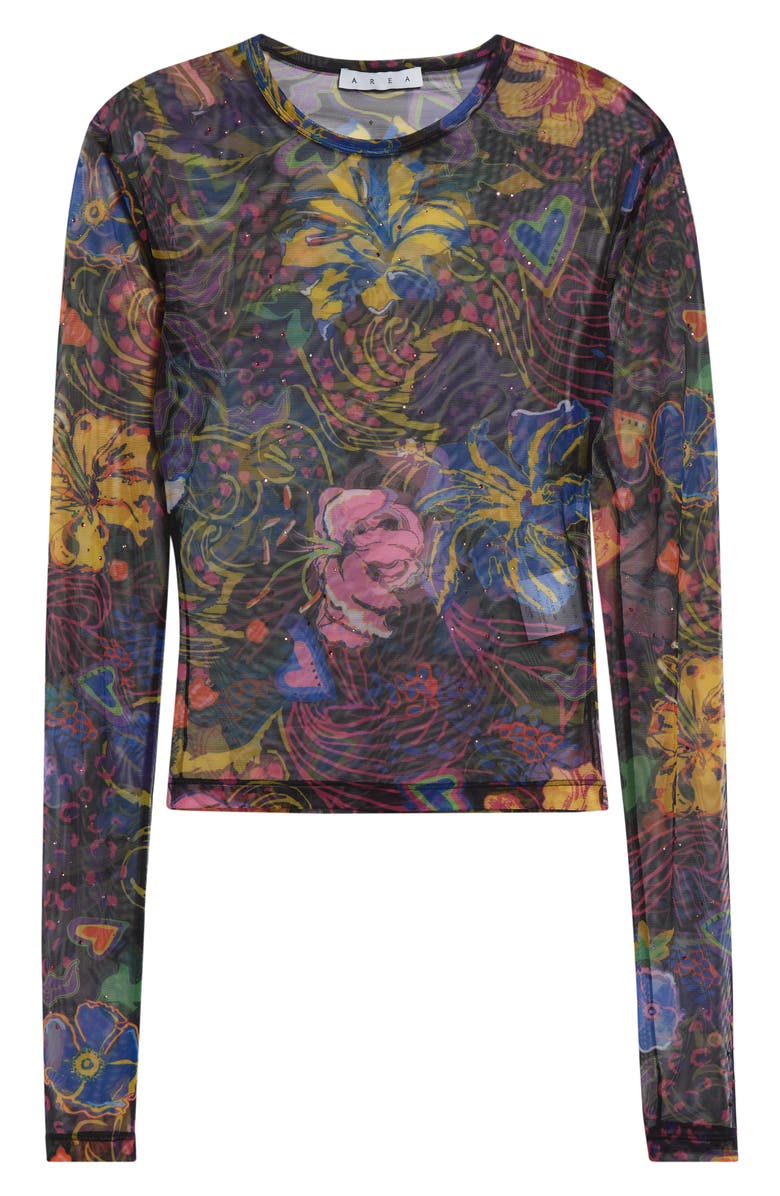 Area Hotfix Printed Tulle Long Sleeve Top, Alternate, color, Black Multi