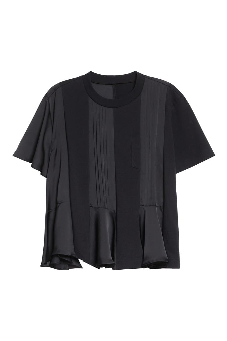 Mixed Media Satin & Jersey T-Shirt, Main, color, BLACK