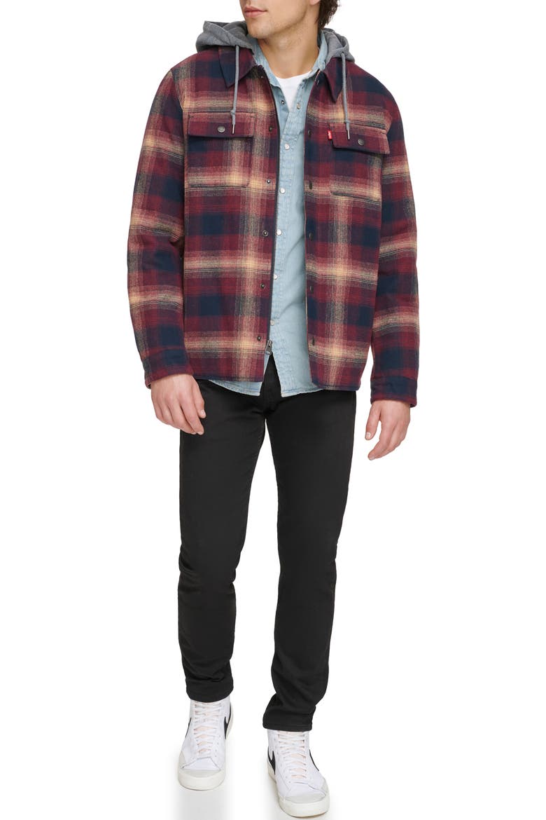 Plaid Faux Shearling Lined Jersey Hood Shirt Jacket, Alternate, color, RED OMBRE