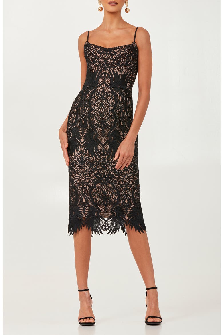 Claudia Lace Cocktail Midi Dress, Main, color, BLACK