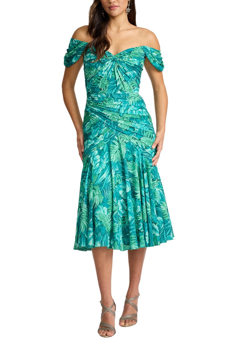 Floral Off the Shoulder Cocktail Midi Dress, Alternate, color, EMERALD GREEN/ MULTI
