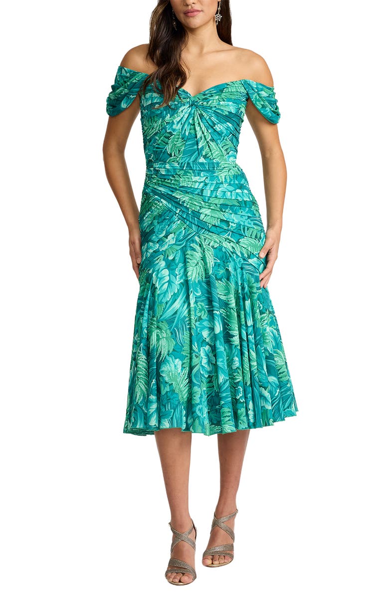 Tadashi Shoji Floral Off the Shoulder Cocktail Midi Dress, Alternate, color, Emerald Green/ Multi