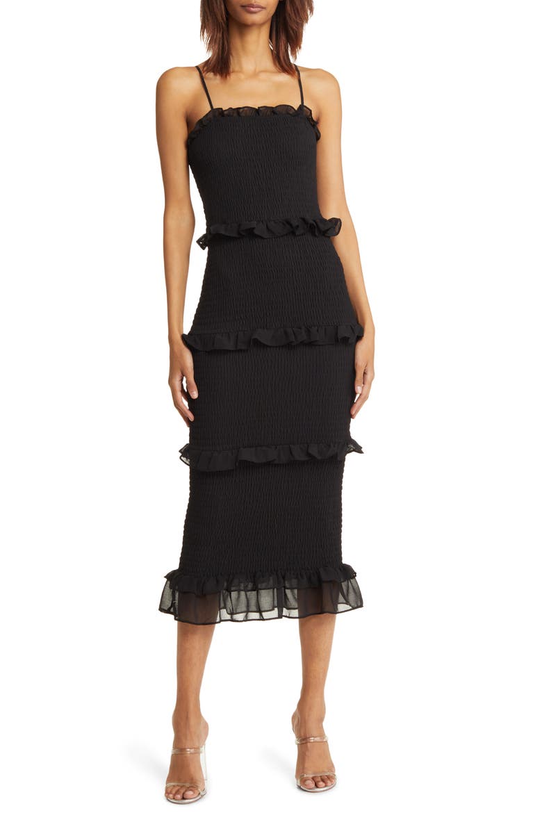 Smocked Georgette Cocktail Dress, Main, color, BLK