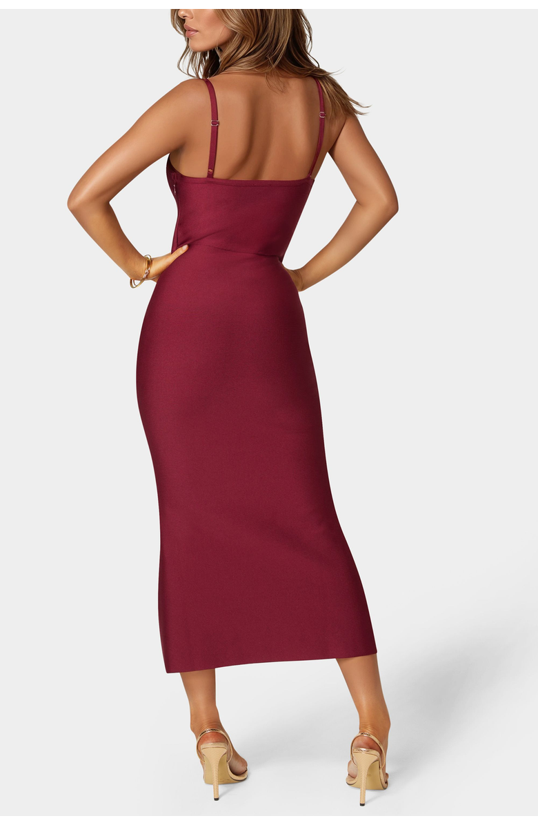 bebe Fringe Inset Bandage Midi Dress, Alternate, color, Burgundy