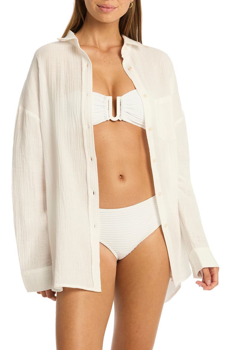 Sunset Beach Oversize Cotton Cover-Up Shirt, Main, color, WHITE