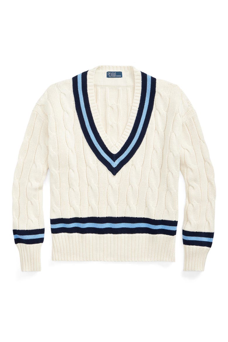 Cabled Cotton Cricket Sweater, Alternate, color, CRM NVY