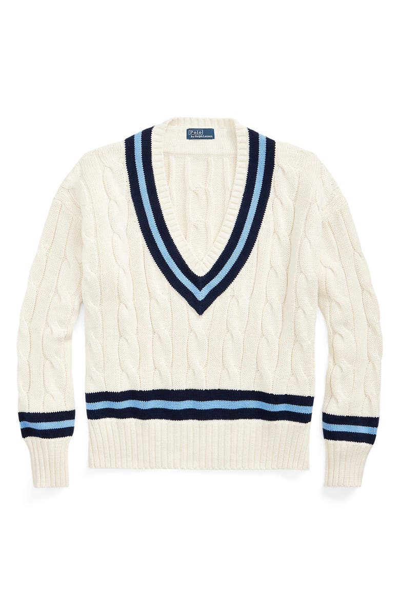 Polo Ralph Lauren Cabled Cotton Cricket Sweater, Alternate, color, Cream W/ Navy Stripe