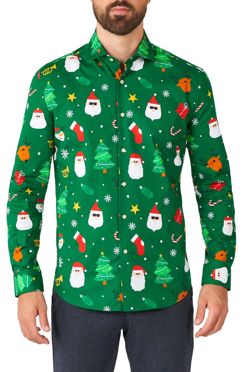 OppoSuits Festive Christmas Print Trim Fit Button-Up Shirt, Main, color,