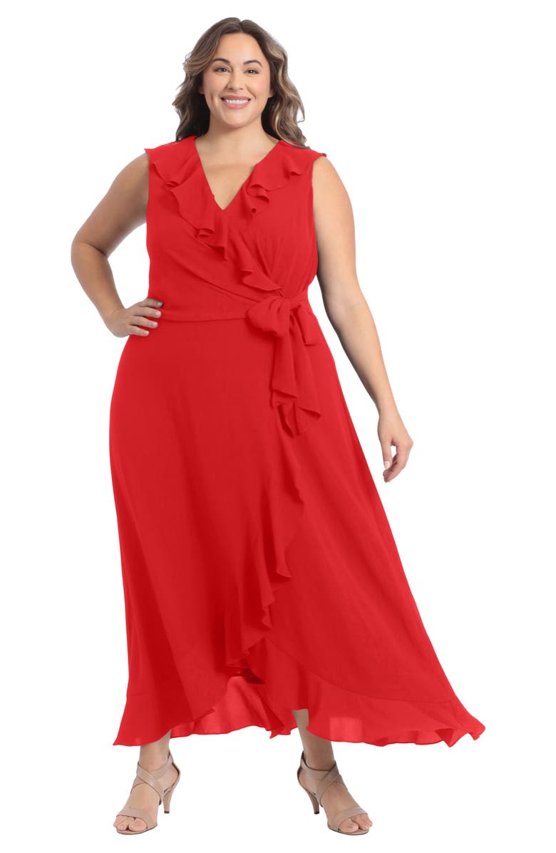 London Times Ruffle Sleeveless Faux Wrap Maxi Dress, Alternate, color, 