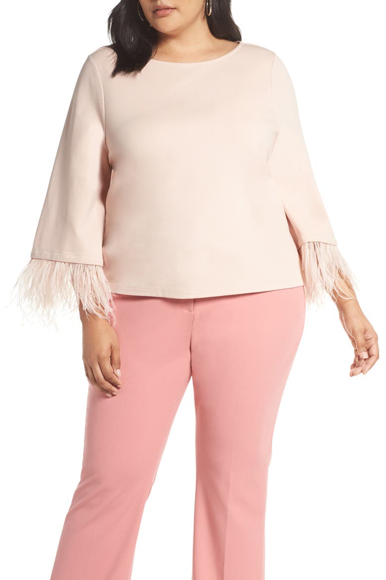 Feather Trim Ponte Top, Main, color, PINK SMOKE