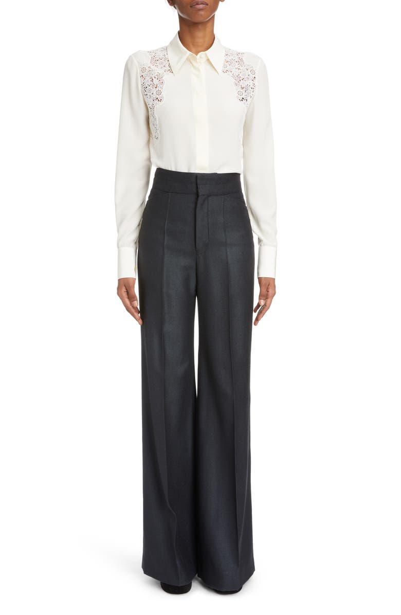 Chloé High Waist Armored Silk & Wool Wide Leg Pants, Alternate, color, 