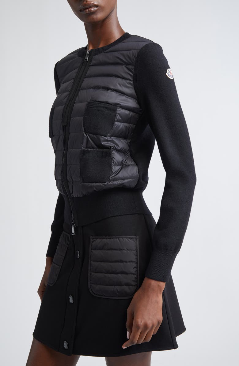 Moncler Wool Knit & Quilted Down Cardigan, Alternate, color, Black