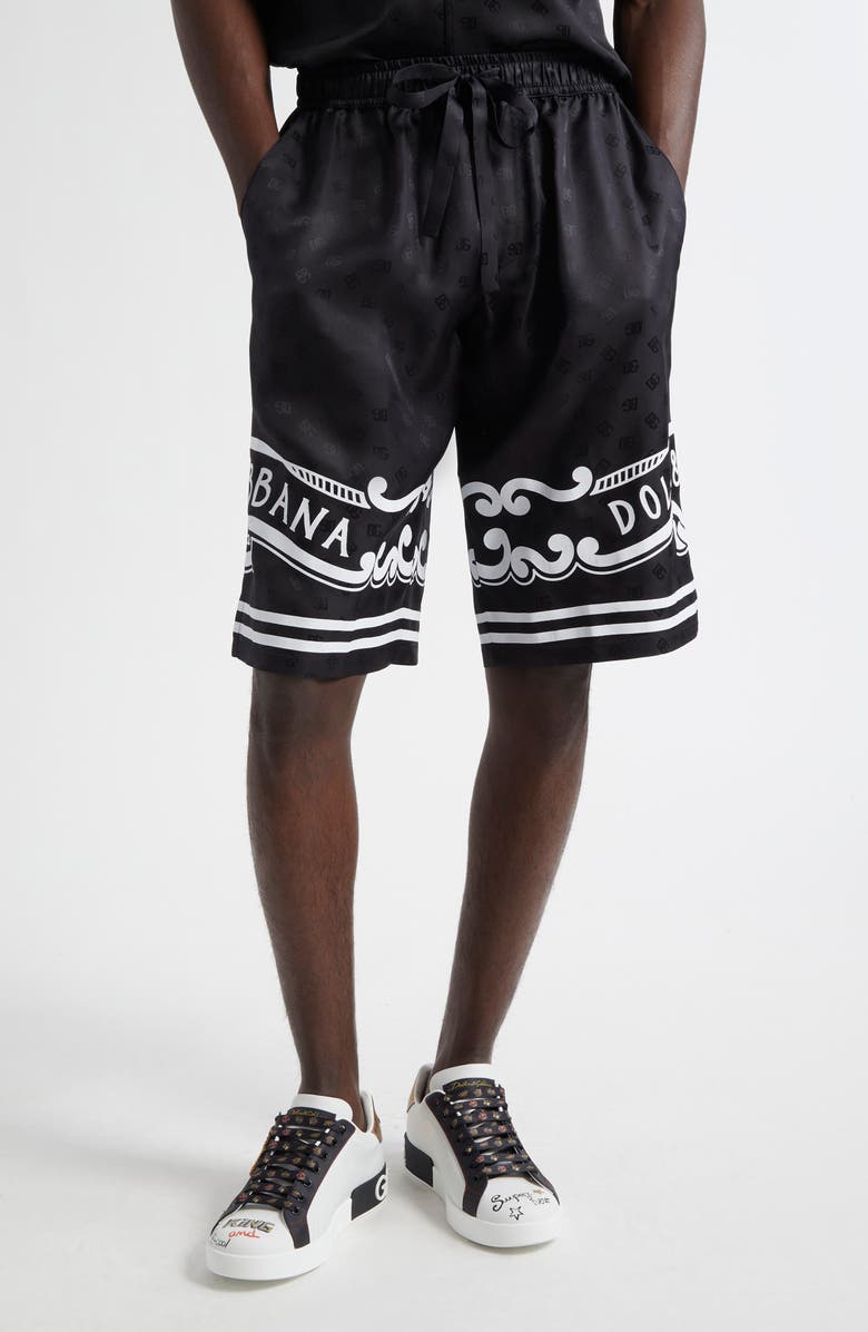 Dolce&Gabbana Logo Jacquard Bandana Print Silk Shorts, Main, color, N0000 Nero