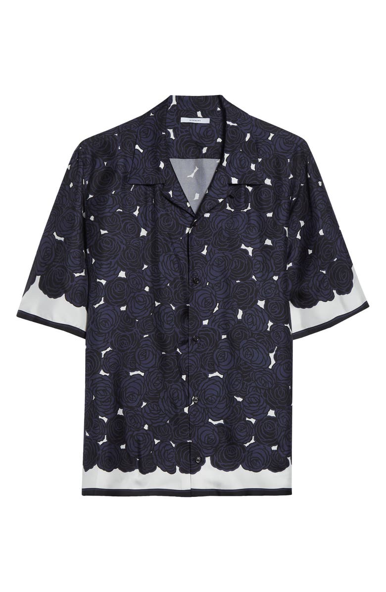 Givenchy Rose Print Silk Twill Camp Shirt, Main, color, Dark Navy