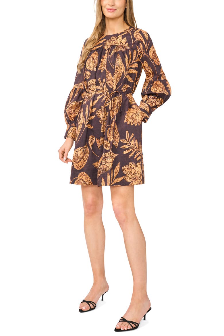Volume Long Sleeve Tie Waist Cotton Dress, Main, color, RUM RAISIN