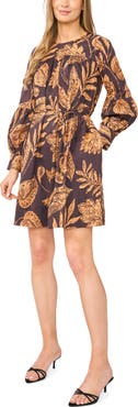 Halogen® Volume Long Sleeve Tie Waist Cotton Dress