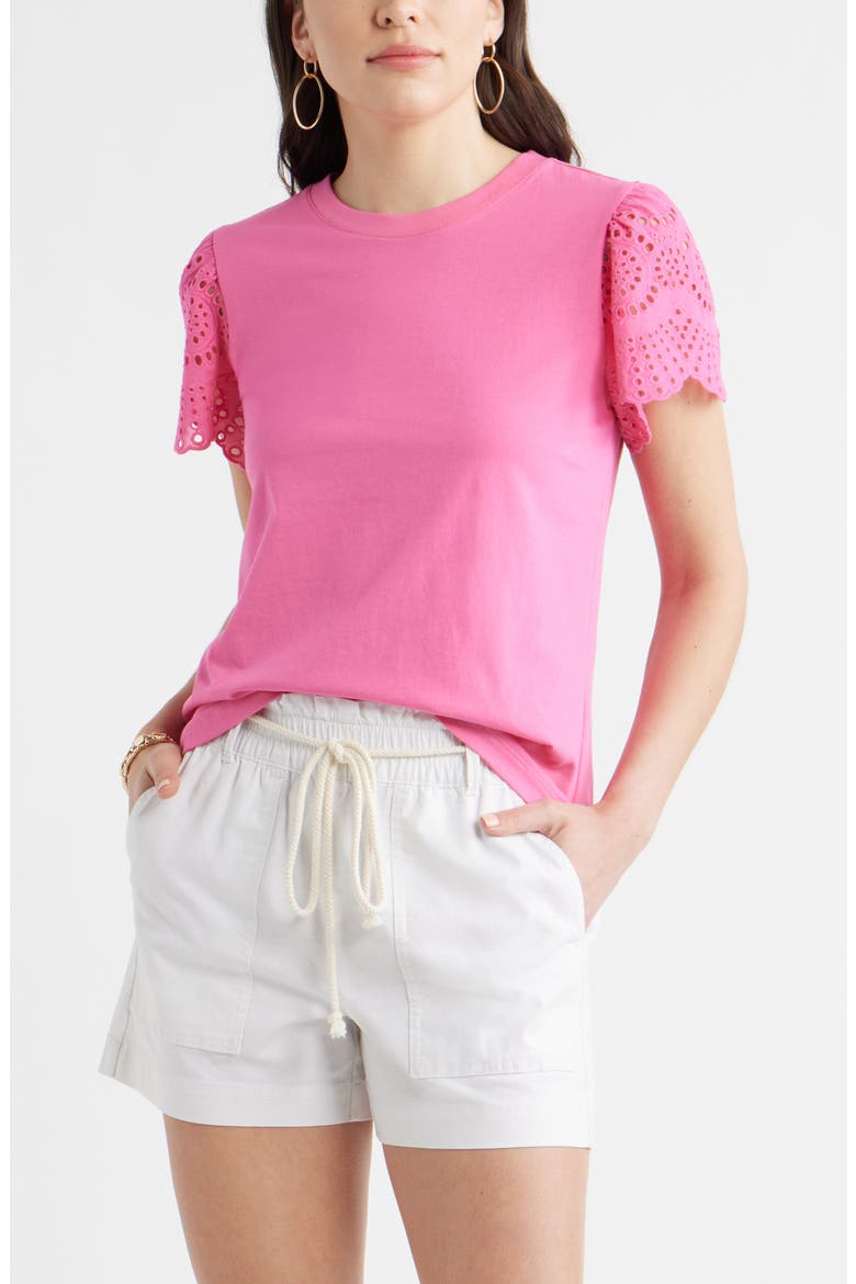 Eyelet Sleeve Mixed Media T-Shirt, Main, color, PINK SHOCK