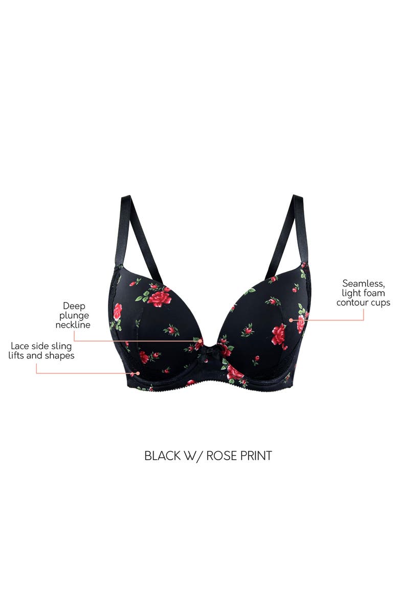Casey Plunge Molded T-Shirt Bra, Alternate, color, Black w/ Rose Print