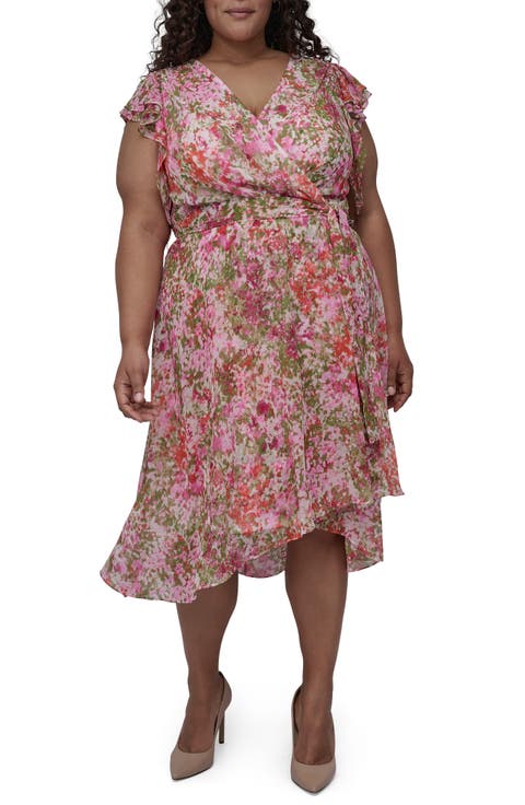 Double Flutter Sleeve Faux Wrap Dress (Plus)