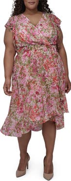 DKNY Double Flutter Sleeve Faux Wrap Dress