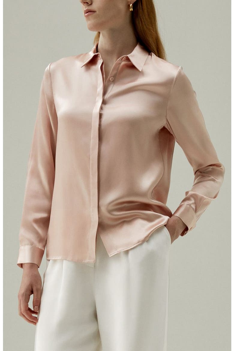 Women's Basic Concealed Placket Silk Shirt, Alternate, color, Pale pink