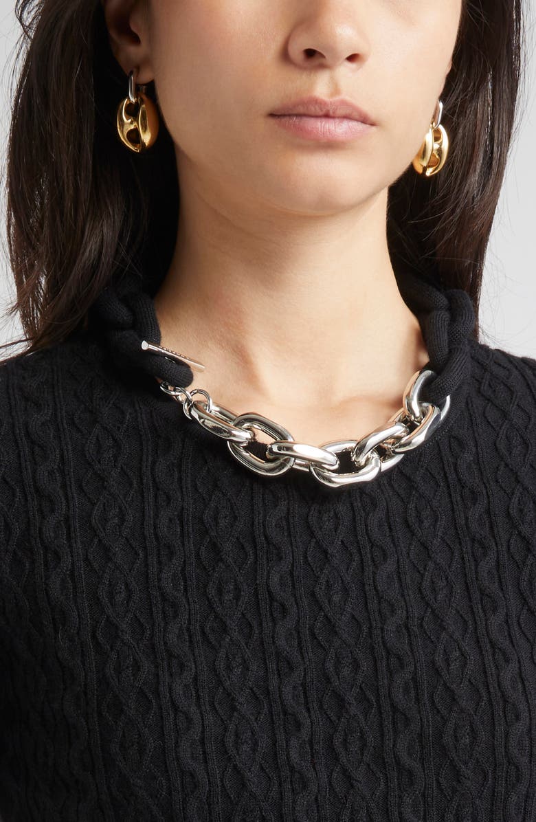 Rabanne Chain Detail Cable Knit Sweater, Alternate, color, Black