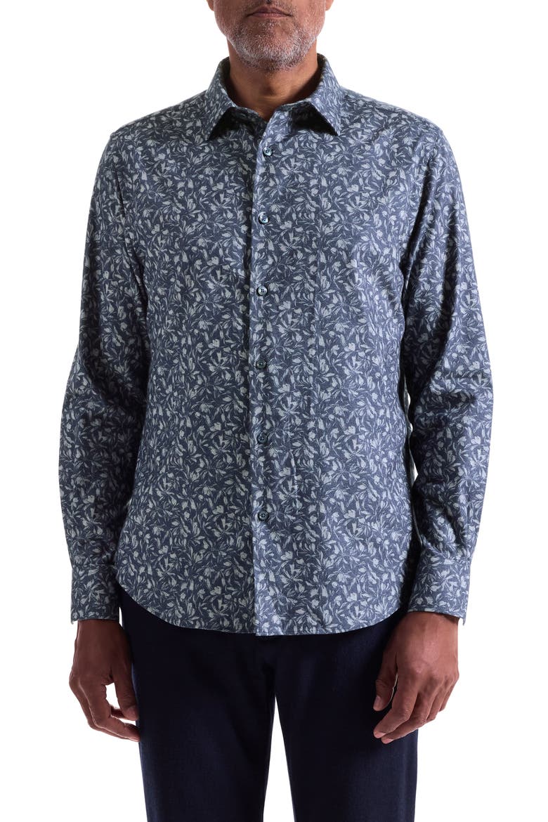 Julian Shaped Fit Floral Print Cotton Button-Up Shirt, Main, color, NAVY