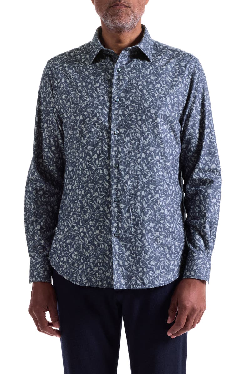 Bugatchi Julian Shaped Fit Floral Print Cotton Button-Up Shirt, Main, color, Navy