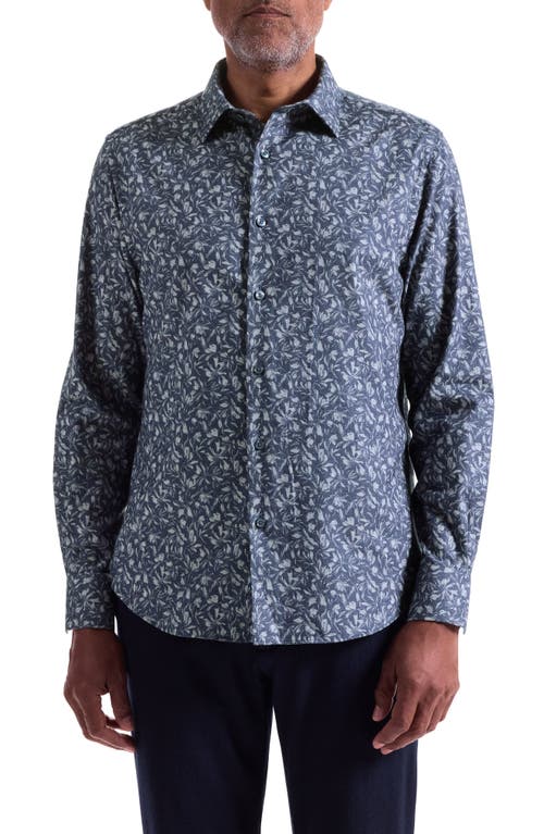Bugatchi Julian Shaped Fit Floral Print Cotton Button-up Shirt In Blue